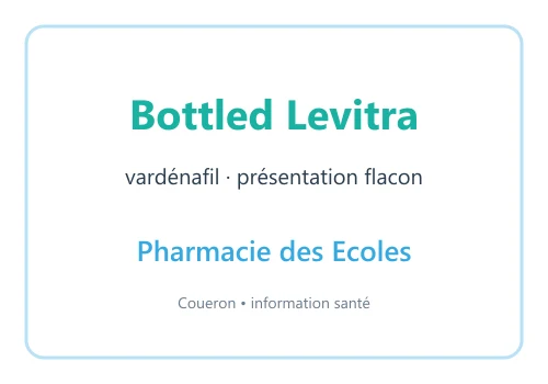 Bottled Levitra vardénafil — visuel d’information Pharmacie des Ecoles sur fond blanc