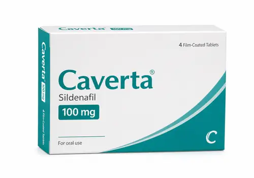 Boîte de Caverta, comprimés de citrate de sildénafil sur fond blanc, visuel illustratif