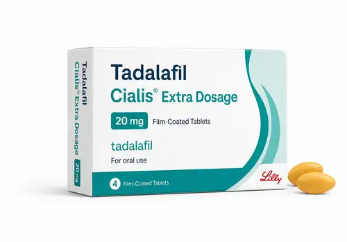 Illustration boîte Cialis Extra Dosage au tadalafil sur fond blanc
