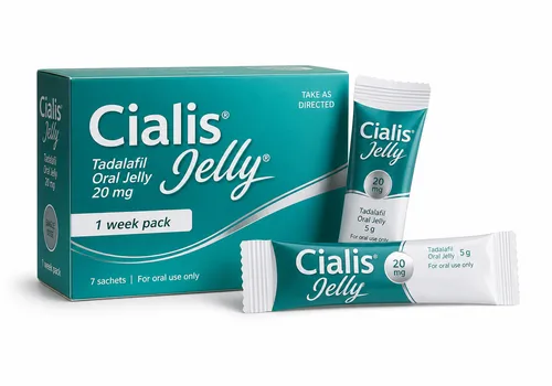 Boîte illustrative Cialis Jelly au tadalafil sur fond blanc