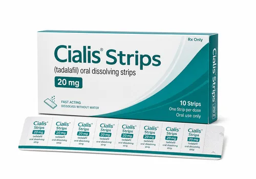 Boîte illustrative Cialis strips au tadalafil sur fond blanc