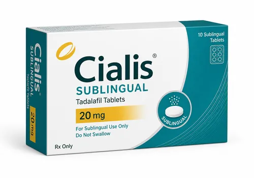 Boîte illustrative Cialis sublingual au tadalafil sur fond blanc