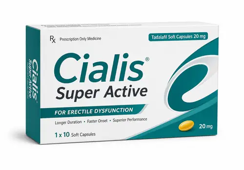 Boîte illustrative Cialis Super Active au tadalafil sur fond blanc