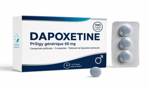 Illustration type conditionnement dapoxétine et Pharmacie des Ecoles sur fond blanc