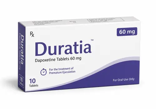 Boîte illustrative Duratia à la dapoxétine sur fond blanc