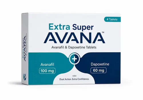 Boîte Extra Super Avana, association avanafil et dapoxétine, visuel illustratif sur fond blanc