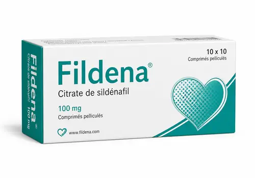 Boîte illustrative Fildena au citrate de sildénafil sur fond blanc