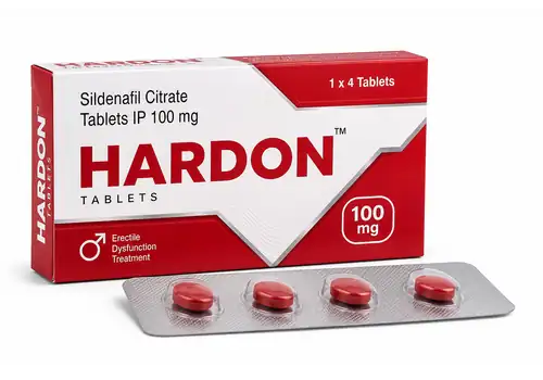 Boîte et plaquette illustratives Hardon, comprimés au sildénafil sur fond blanc