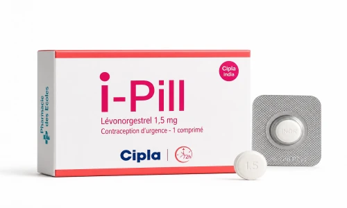 Illustration type conditionnement i-pill lévonorgestrel et mention Pharmacie des Ecoles sur fond blanc