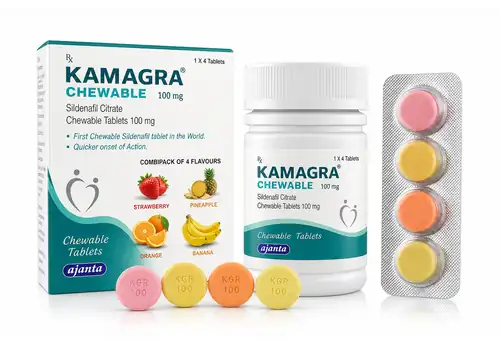 Illustration Kamagra Chewable Flavoured, comprimés aromatisés au sildénafil sur fond blanc
