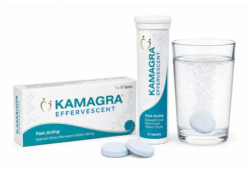 Illustration Kamagra Effervescent, comprimés effervescents au sildénafil sur fond blanc
