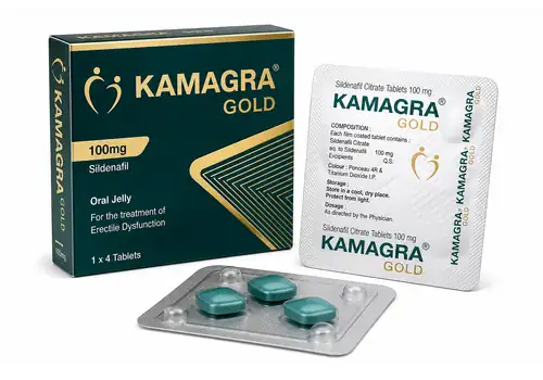 Boîte et plaquette illustratives Kamagra Gold, comprimés au sildénafil sur fond blanc