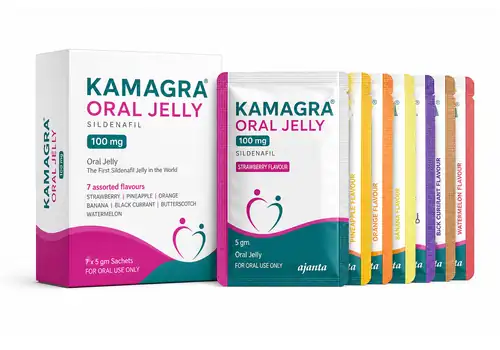 Sachets illustratifs Kamagra Oral Jelly, gel au sildénafil sur fond blanc