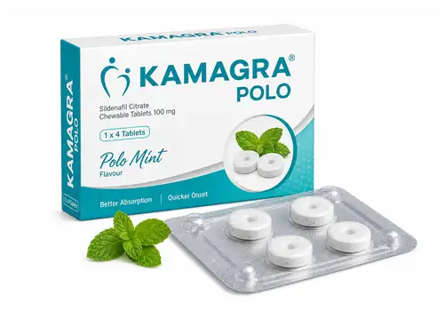 Boîte et plaquette illustratives Kamagra Polo, comprimés à croquer au sildénafil sur fond blanc