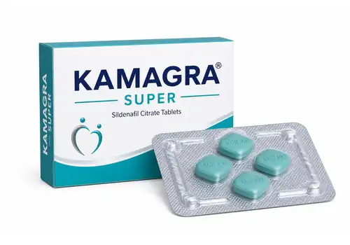 Boîte et plaquette illustratives Kamagra Super, comprimés au sildénafil sur fond blanc