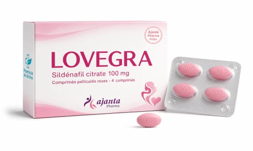 Illustration type conditionnement Lovegra citrate de sildénafil et Pharmacie des Ecoles sur fond blanc