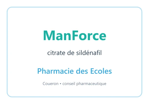 ManForce citrate de sildénafil — visuel d’information Pharmacie des Ecoles sur fond blanc