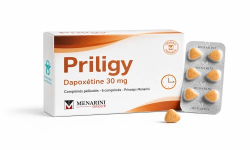 Illustration type boîte Priligy dapoxétine et Pharmacie des Ecoles sur fond blanc