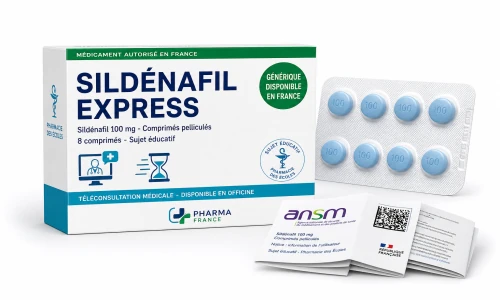 Boîte de sildénafil générique 100 mg Pharmacie des Ecoles, 8 comprimés pelliculés, sujet éducatif sur le générique en France