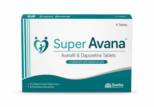 Boîte Super Avana, association avanafil et dapoxétine, visuel illustratif sur fond blanc