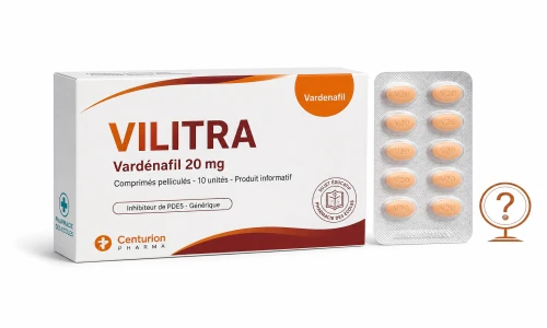 Illustration type Vilitra vardénafil et Pharmacie des Ecoles sur fond clair