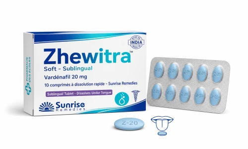 Illustration type Zhewitra Soft forme molle au vardénafil et Pharmacie des Ecoles sur fond clair